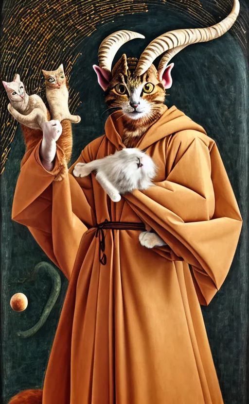 Prompt: a bipedal cat that has goat horns, anthropomorphic cat that is wearing robes, oil painting, by sandro botticelli, dnd, character reveal, cosmic, magical, fog, noble, full body portrait, intricate, ornate, extremely detailed, cult, ritual, 4 k, 8 k