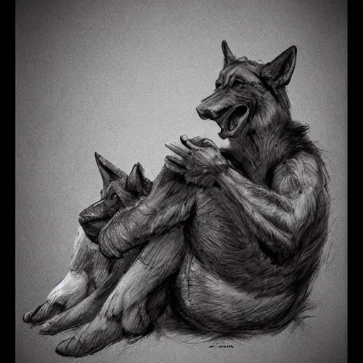 Image similar to two humanoid german shepherds beast - men, sitting on a couch and hugging together, artstation, concept art, smooth, sharp foccus ilustration, artstation