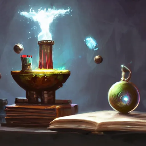 Prompt: hyper realistic, table, wizards laboratory, greg rutkowski, mortar, pestle, balance with glowing powder, energy flowing, magic book, beakers of colored liquid, tony sart