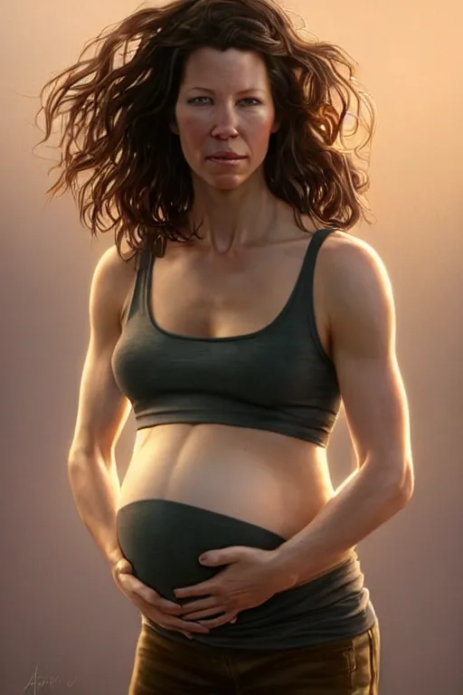 Image similar to pregnant evangeline lilly in a tank top, realistic portrait, symmetrical, highly detailed, digital painting, artstation, concept art, smooth, sharp focus, illustration, cinematic lighting, art by artgerm and greg rutkowski and alphonse mucha