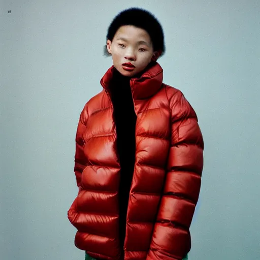 Image similar to realistic photoshooting for a new balenciaga lookbook, color film photography, portrait of a blonde asian woman, model wearing a puffer jacket, photo in style of tyler mitchell, 3 5 mm,