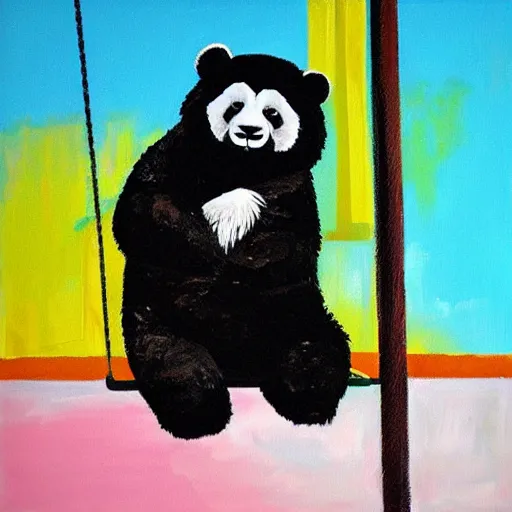 Prompt: beautiful acrylic! impasto! painting of a sad, crying panda bear on a playground swing