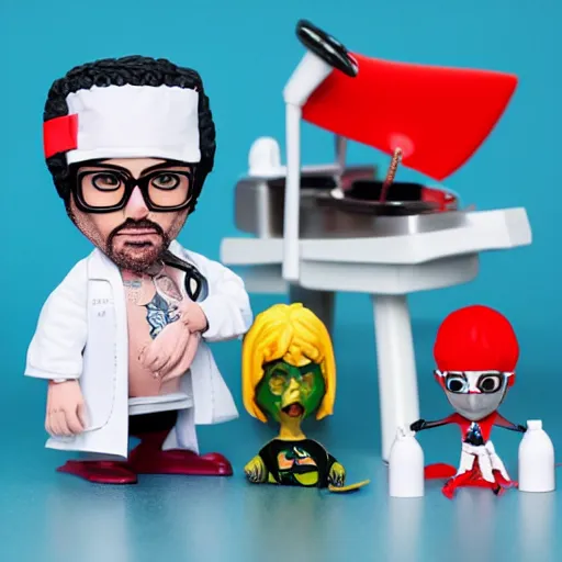 Image similar to orlan cosplay surgeon in operating theatre, stop motion vinyl action figure, plastic, toy, butcher billy style