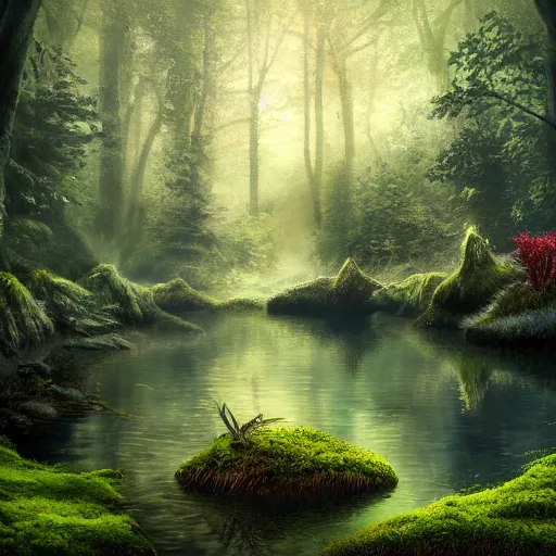 Prompt: a small hidden lake in the forest, moss, rocky landscape, fairytale, digital art, highly detailed, HD, trending on artstation, mystical, fireflies, ethereal, beautiful