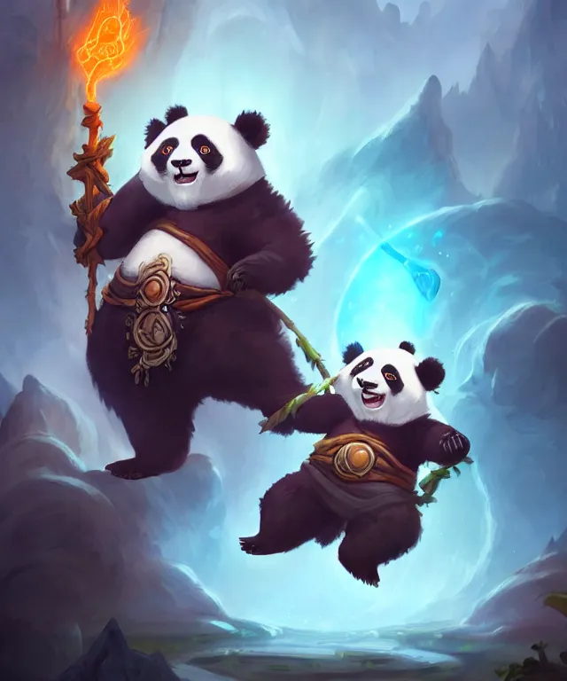 Prompt: a portrait an anthropomorphic panda mage casting a spell, wearing mage robes, landscape in background, cute, dnd character art portrait, world of warcraft style, by peter mohrbacher, cinematic lighting