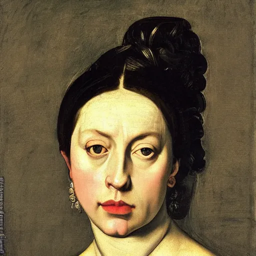 Image similar to frontal portrait of the queen of the avocado empire, by caravaggio