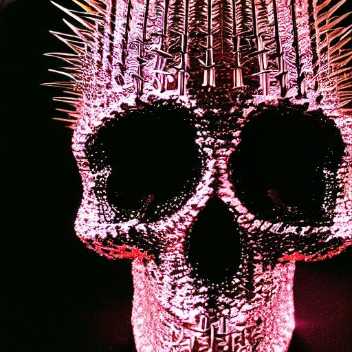 Image similar to a low poly disco skull full of long spikes, reflecting light in a nightclub, grainy film photograph