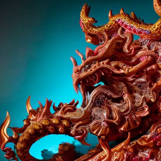 Prompt: a closeup photo, face, rococo alabaster and ruby real delicate ceramic porcelain sculpture of an ornate detailed dragon god in front of an intricate background by rafael, micro detail, backlit lighting, subsurface scattering, translucent, thin porcelain, fire, flames, amber, octane renderer, colorful, physically based rendering, trending on cgsociety