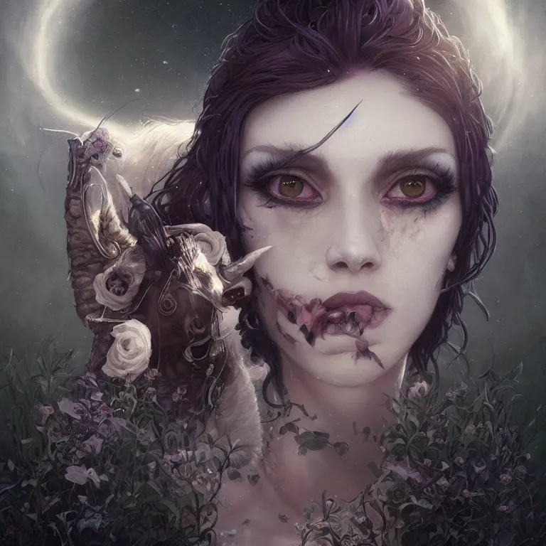 Image similar to highly detailed portrait of goth alpacas, eyeshadow, goth makeup, piercings, unreal engine, dark fantasy art by greg rutkowski, loish, rhads, ferdinand knab, makoto shinkai and lois van baarle, ilya kuvshinov, rossdraws, tom bagshaw, alphonse mucha, global illumination, radiant light, detailed and intricate environment