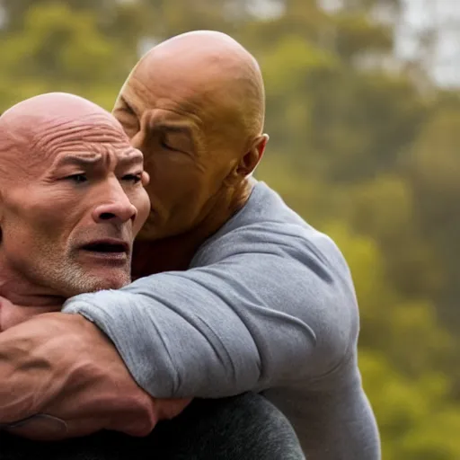 Prompt: film still, dwayne johnson grabbing the throat of patrick stewart in a new netflix psychological thriller movie, wide shot