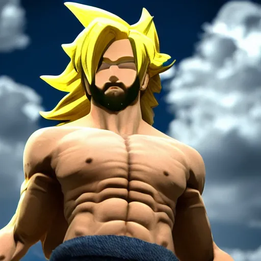 Image similar to jesus Christ as super saiyan, lightning in the sky, glowing, highly detailed, focus, photorealistic, cryengine