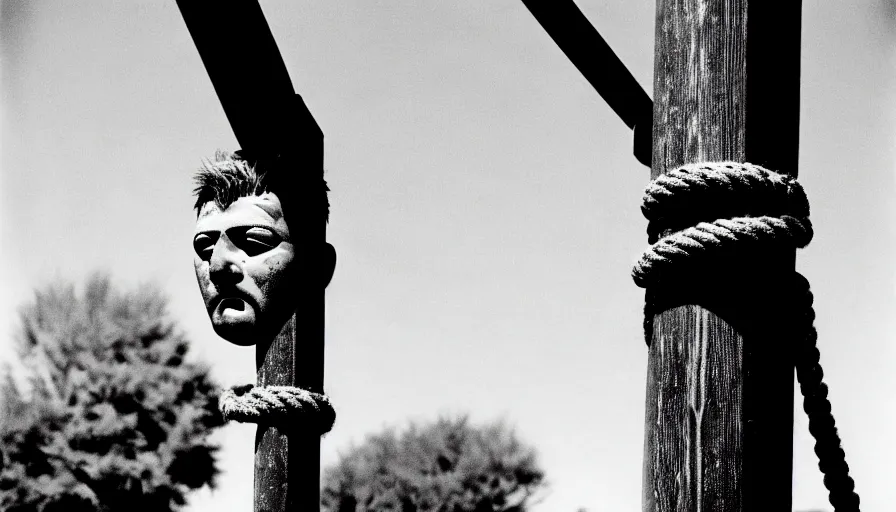 Image similar to 1 9 6 0 s movie still close - up of marcus atilius regulus'face tied with ropes at a pole with wide - open eyes looking directly at the burning sun, his eyes are bleeding intense, cinestill 8 0 0 t 3 5 mm b & w, high quality, heavy grain, high detail, texture, dramatic light