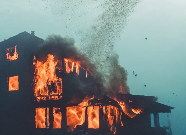 Image similar to dslr photo still of a house on fire under water at the bottom of the ocean, 8 5 mm f 1. 8