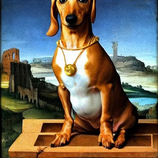 Image similar to Dachshund dog conquering the Roman Empire, renaissance painting, masterpiece, hyper realistic, detailed,”