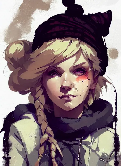 Image similar to highly detailed closeup portrait of a sewer punk swedish female mage student, tartan garment, blonde hair with headband by atey ghailan, by greg rutkowski, by greg tocchini, by james gilleard, by joe fenton, by kaethe butcher, gradient sapphire, black, brown and white color scheme, grunge aesthetic!!! white graffiti tag wall background