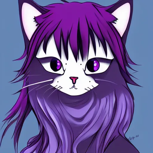 Image similar to cute anthro anime tabby cat with blue fur and purple hair, digital art