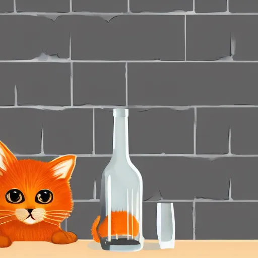 Image similar to an orange cat and a Pomeranian stuffed into a clear wine bottle on the mantle of a brick fireplace, digital illustration