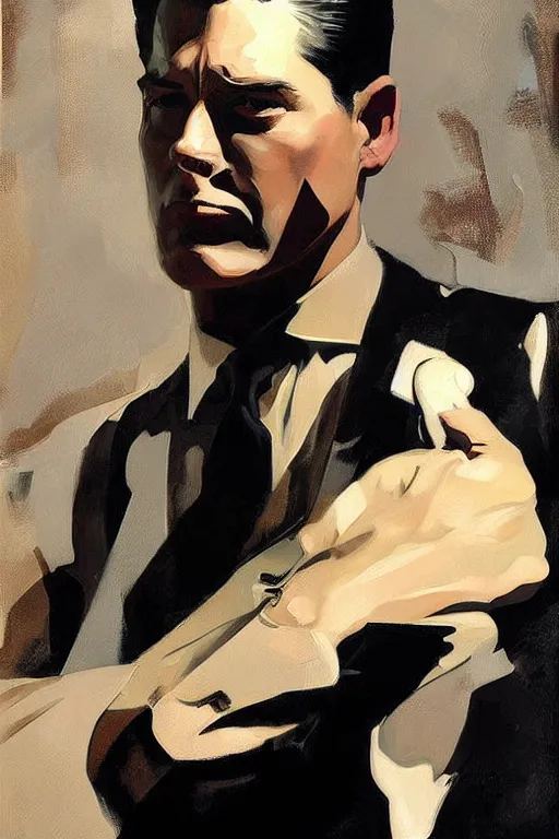 Image similar to dale cooper, painting by jc leyendecker!! phil hale!, angular, brush strokes, painterly, vintage, crisp