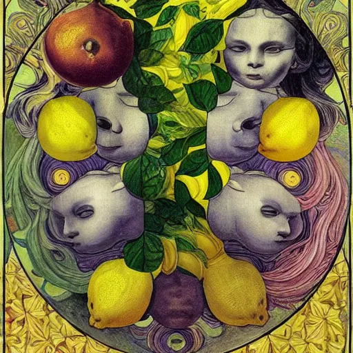 Prompt: lsd lemon, still painting, metaphysical, infinity, patterns, arcimboldo, botticelli, mucha