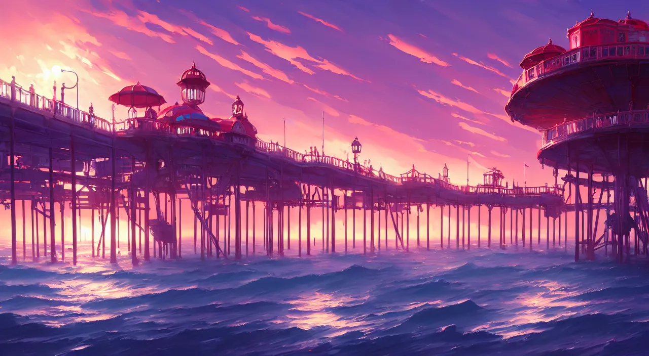 Prompt: The city of Brighton, England, with an old ruined pleasure pier official fanart behance hd by Jesper Ejsing, by RHADS, Makoto Shinkai and Lois van baarle, ilya kuvshinov, rossdraws global illumination