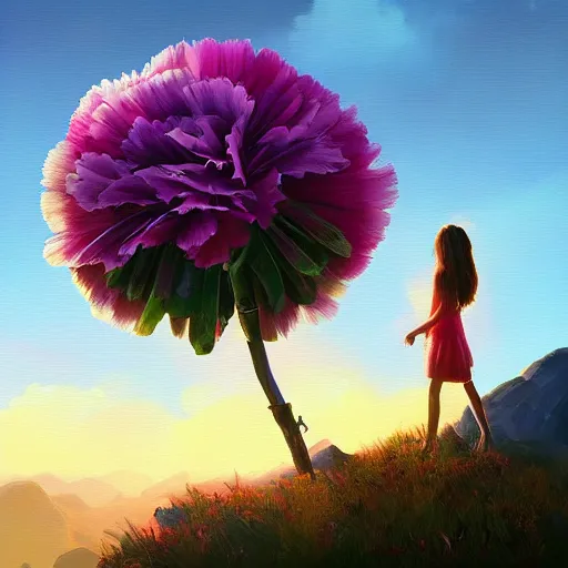 Image similar to giant carnation flower head, girl hiking in the mountains, surreal photography, sunrise, dramatic light, impressionist painting, colorful clouds, digital painting, artstation, simon stalenhag