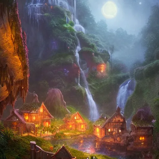 Prompt: Gnome Village with waterfall cascading at night by Greg Rutkowski and Thomas Kinkade, moonlight, enhanced lighting, hyperrealism, high detail, 8k, artstation