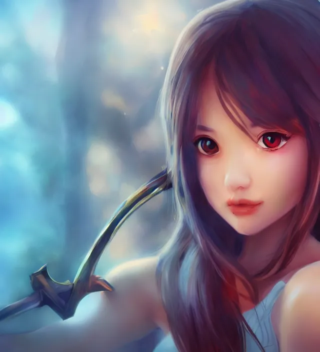 Image similar to illustration rendering of a beautiful girl with swords epic photorealistic portrait in go nagai ishikawa ken disney pixar style depth of field lens flare leica zeiss detailed trending award winning on flickr artstation