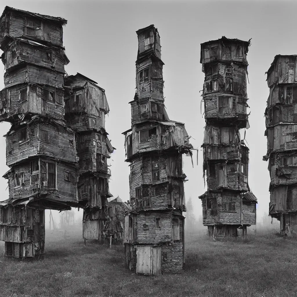 Prompt: two towers, made up of makeshift squatter shacks, misty, dystopia, mamiya rb 6 7, fully frontal view, very detailed, photographed by ansel adams