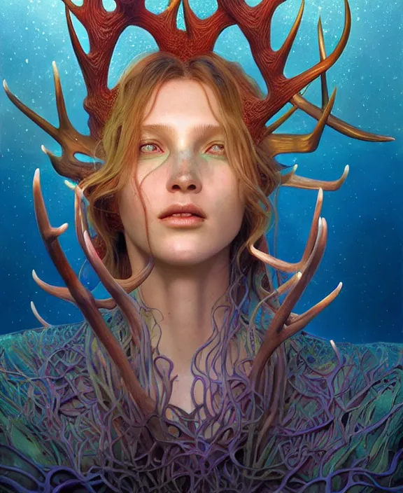 Prompt: intricate colorful transparent portrait of a terrifying beautiful alien sea creature, antlers, mottled coloring, adorable, childlike, anxiety environment, ultra realistic, concept art, art nouveau, photorealistic, octane render, 8 k, unreal engine. art by christopher marley and artgerm and greg rutkowski and alphonse mucha