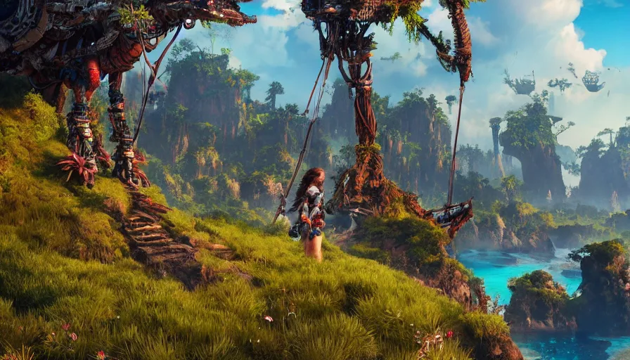 Image similar to very very small horizon zero dawn island, by ilya kuvshinov, rtx rendering, octane render 1 2 8 k, maya, extreme high intricate details by tom bagshaw, medium shot, close up shot, composition by sana takeda, lighting by greg rutkowski