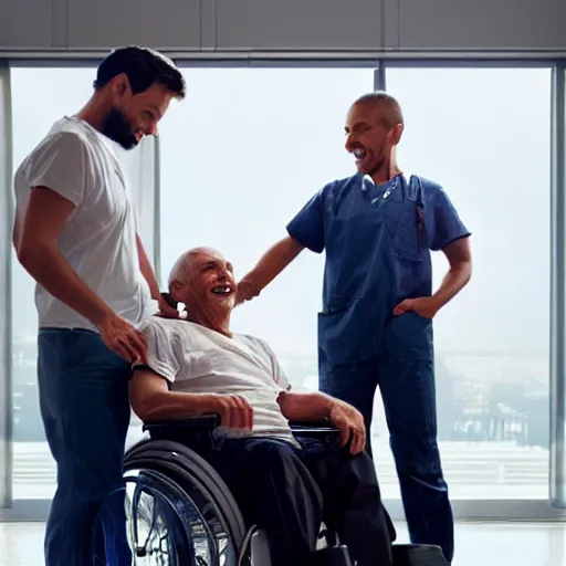 Image similar to a male patient in a wheelchair in the hospital with his wife and son standing by. happy, cheerful, smiling, intricate, face enhance, sharp focus, cinematic lighting, featured in artistation, 8 k, art by greg rutkowski, william adolphe bouguereau