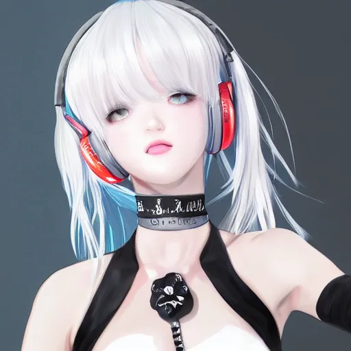 Image similar to realistic detailed semirealism beautiful gorgeous natural cute excited happy Blackpink Lalisa Manoban white hair white cat ears blue eyes, wearing black camisole outfit, headphones, black leather choker artwork drawn full HD 4K high resolution quality artstyle professional artists WLOP, Aztodio, Taejune Kim, Guweiz, Pixiv, Instagram, Artstation