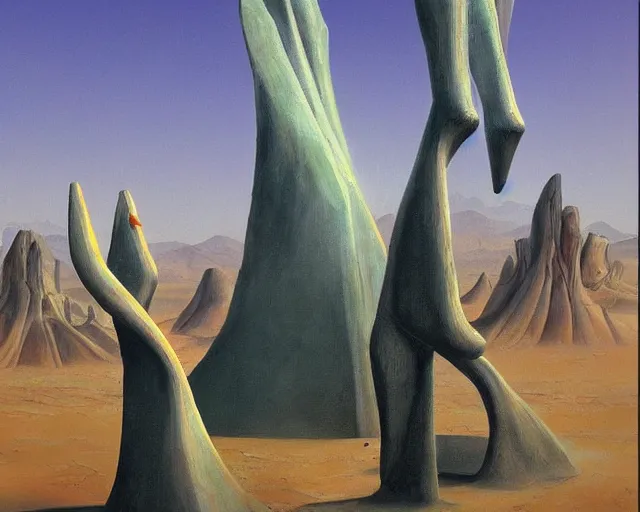 Image similar to strange cyberpunk pagan giant monument in the middle of the desert in the style of dali and bosch and moebius, oil painting