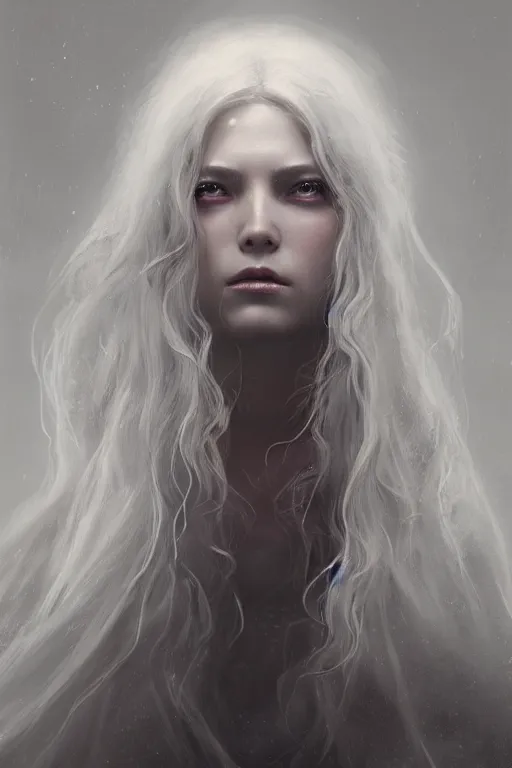 Image similar to a fancy portrait of a beautiful young strong women with long white hair by greg rutkowski, sung choi, mitchell mohrhauser, maciej kuciara, johnson ting, maxim verehin, peter konig, bloodborne, 8 k photorealistic, cinematic lighting, hd, high details, dramatic, dark atmosphere, trending on artstation