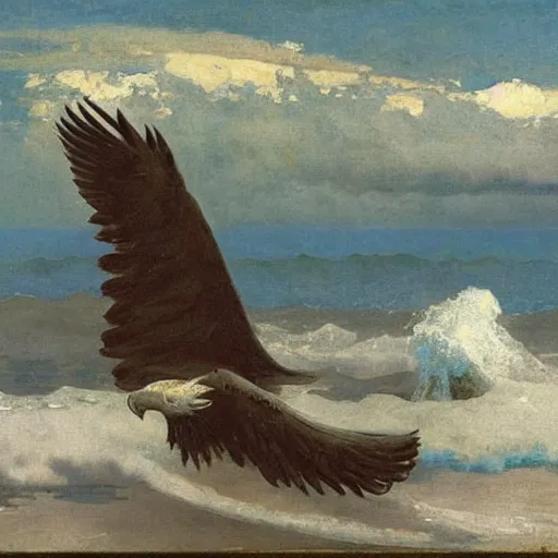 Image similar to huge bird with its feet standing in the ocean, painting by albert bierstadt and winslow homer, highly detailed