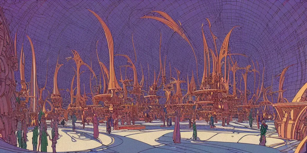 Prompt: cel shaded cinematic shot of the interior of a sci-fi space station with ornate Elven architecture bustling with people, epic castle, emerald, crystalline, detailed illustration, sharp focus, crisp lines, art by Moebius!!!, Jean Giraud Moebius!!! comic illustration