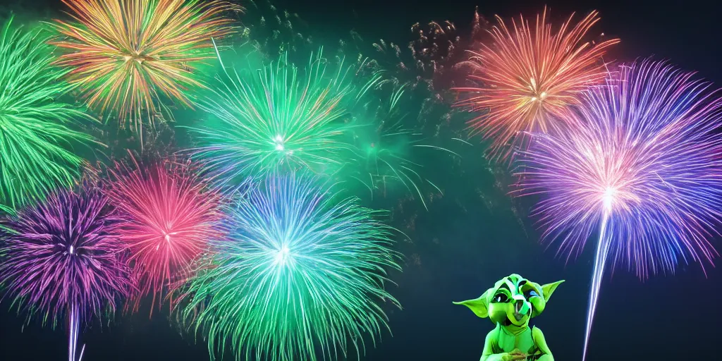 Image similar to rgb fireworks bursting in the sky form shapes the resemble ( ( ( ( ( baby yoda ) ) ) ) ). 8 k, 4 k, hq, 3 d render, digital art, dramatic lighting, comedy, science fiction, hyper realistic, ultra detailed.