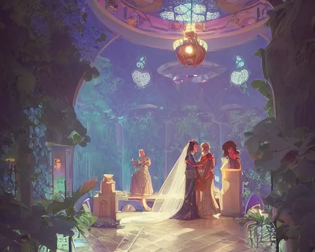 Image similar to a wedding in a swimming pool, photography of kurzgesagt, deep focus, d & d, fantasy, intricate, elegant, highly detailed, digital painting, artstation, concept art, matte, sharp focus, illustration, hearthstone, art by artgerm and greg rutkowski and alphonse mucha