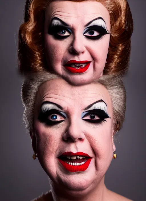 Prompt: studio portrait of lindsey graham in full drag dressed in drag dressed as a woman makeup, 8 k, studio lighting, key light, back light, sequents,