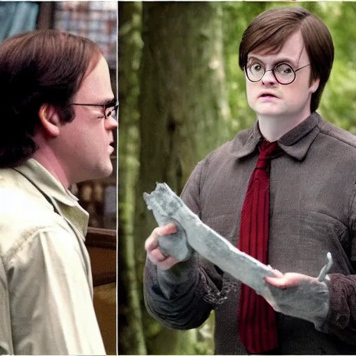 Prompt: dwight schrute playing harry potter in a harry potter movie