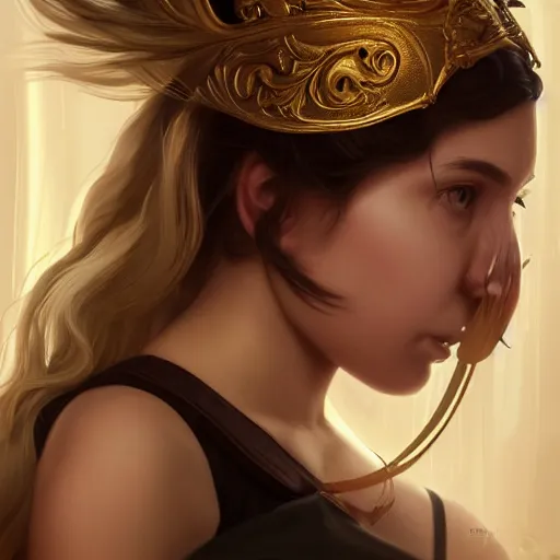 Image similar to 1 5 year old white girl with a white shirt that has one shoulder visible, wears black sports shorts and a golden mask on her face, intricate, highly detailed, digital painting, artstation, concept art, smooth, sharp focus, illustration, unreal engine 5, 8 k, art by artgerm and greg rutkowski and alphonse mucha