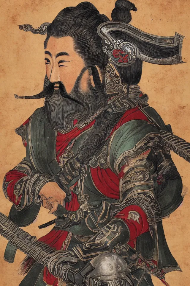 Image similar to a portrait of guan yu with a m 1 6 a 1, in the art style of han - era art, three kingdoms artsyle, artistic, highly detailed 4 k