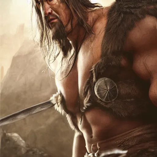 Image similar to hyper realistic photo of cimmerian conan barbarian portrait, cinematic