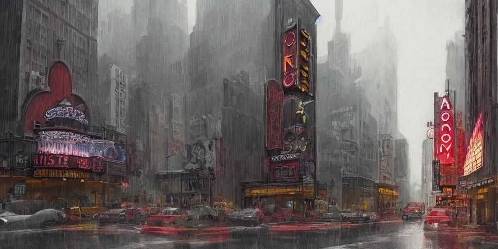 Image similar to an old cinema, new york, rainy day, matte painting, studio ghibli, artstation