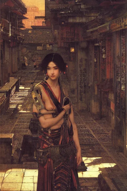 Image similar to cyberpunk ancient japanese city, orientalist intricate portrait by john william waterhouse and edwin longsden long and theodore ralli and nasreddine dinet, hyper realism, dramatic lighting