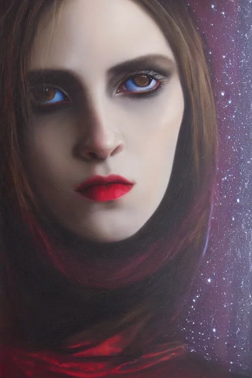 Image similar to hyperrealism oil painting, close - up portrait of european medieval brunette vampire fashion model, knight, steel gradient mixed with nebula sky, in style of baroque