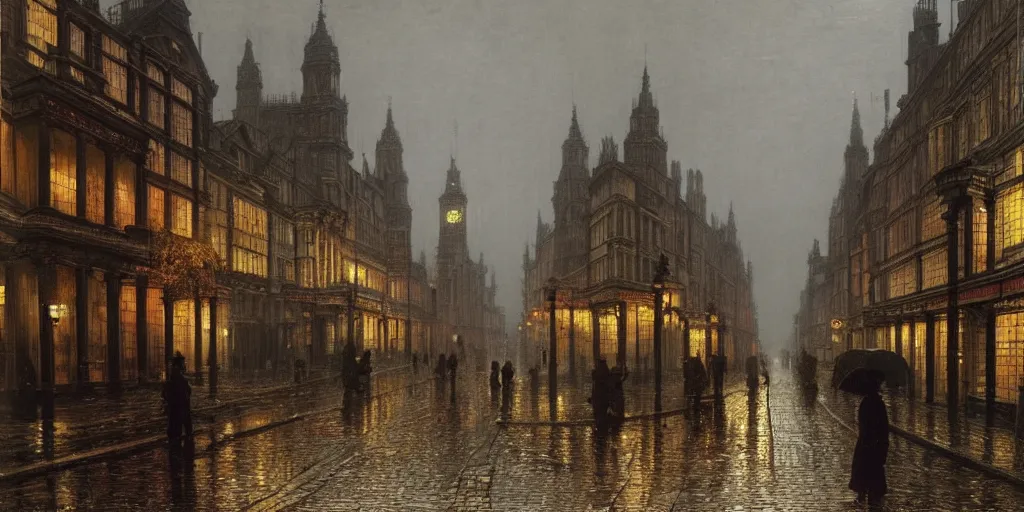 Image similar to Victorian city street on a rainy day in London, evening, low angle view, detailed matte painting, cinematic, John Atkinson Grimshaw, Artstation