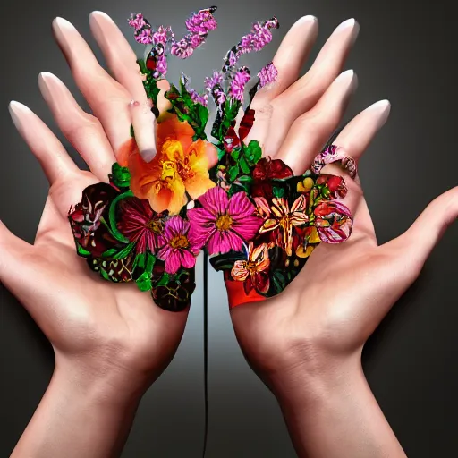 Prompt: photorealistic beautiful cyborg hands holding one elaborate maximalist flower. in the style of Michelangelo and flemish baroque. HD 8x matte background