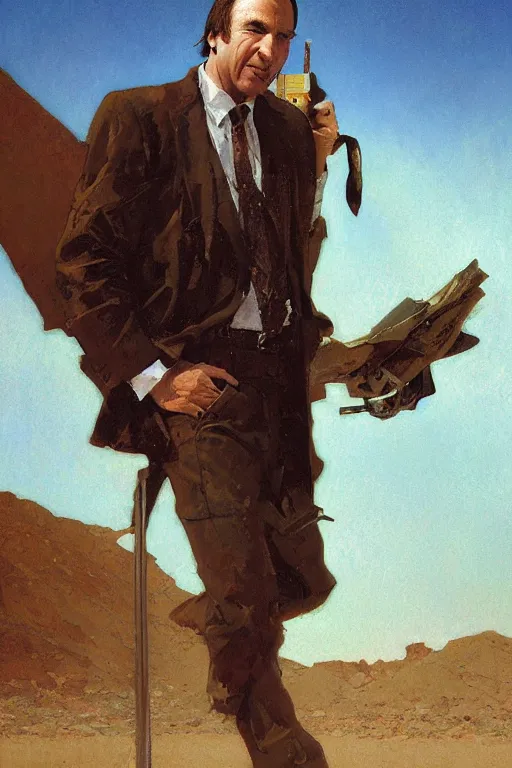 Image similar to saul goodman at a lonely!!!! pay phone in the desert!!!!, painting by'phil hale '!!! gaston bussiere, craig mullins, greg rutkowski, alphonse mucha,