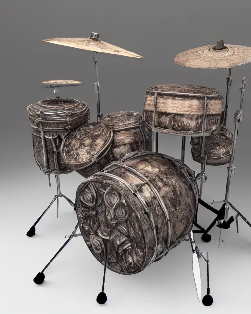 Image similar to a photo realistic drum kit made of skin, bone, sinew and muscle tissue, 8 k octane render highly detailed in the style of h. r. giger.